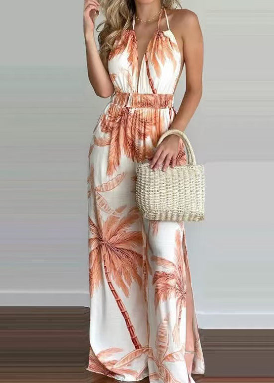 Dam Jumpsuit Halter Backless med Tryck och Resår i Midjan 2