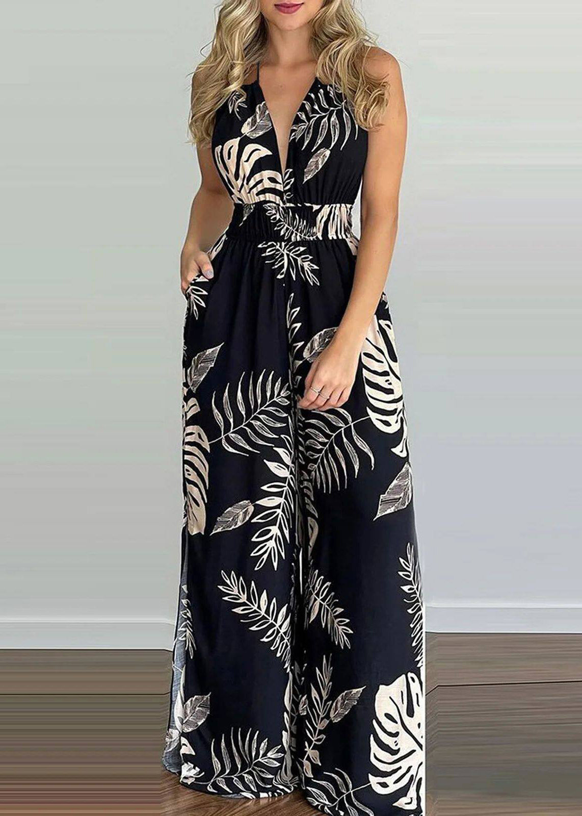 Dam Jumpsuit Halter Backless med Tryck och Resår i Midjan 3