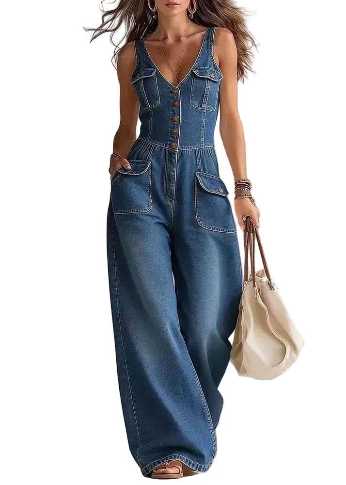 Dam Jumpsuit med Oversized Fickor och Raka Ben Bohemisk Stil 0