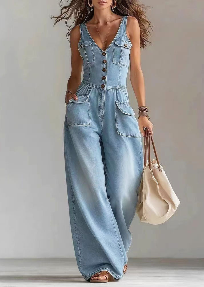Dam Jumpsuit med Oversized Fickor och Raka Ben Bohemisk Stil 1
