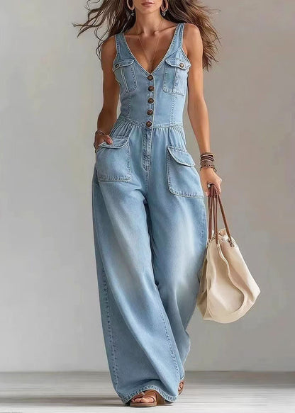 Dam Jumpsuit med Oversized Fickor och Raka Ben Bohemisk Stil 1