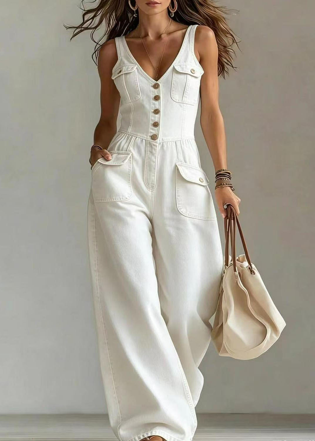 Dam Jumpsuit med Oversized Fickor och Raka Ben Bohemisk Stil 3
