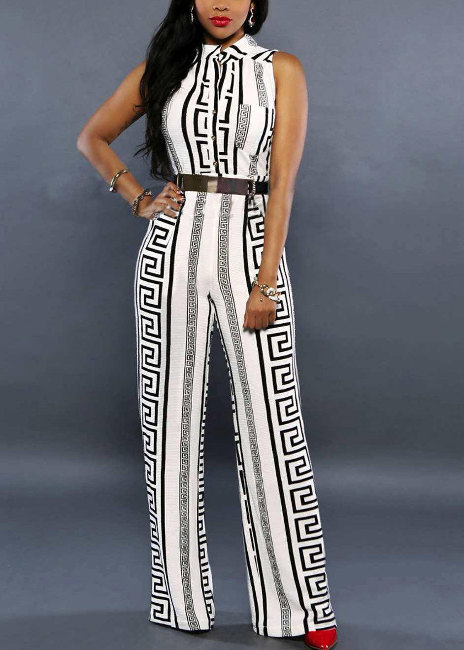 Dam Jumpsuit med Ståkrage och Tryck Modern Stil 1
