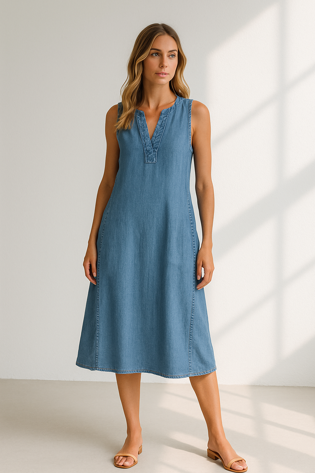 Dam Klänning A-linje V-hals Mouwlös Denimlook 2
