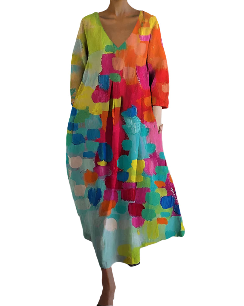 Dam Klänning Färgglada Tryck Linne Smickrande Passform 0