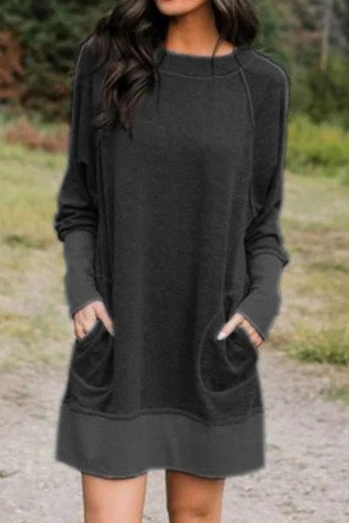 Dam Klänning Med Fickor Långärmad Casual Stil 1