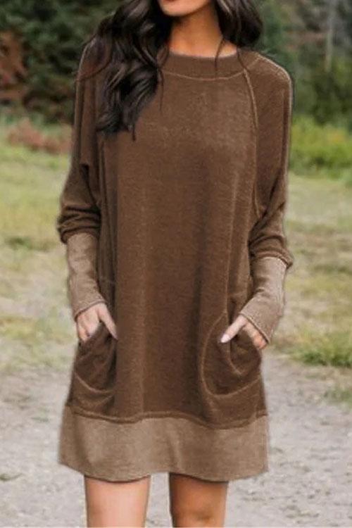 Dam Klänning Med Fickor Långärmad Casual Stil 3
