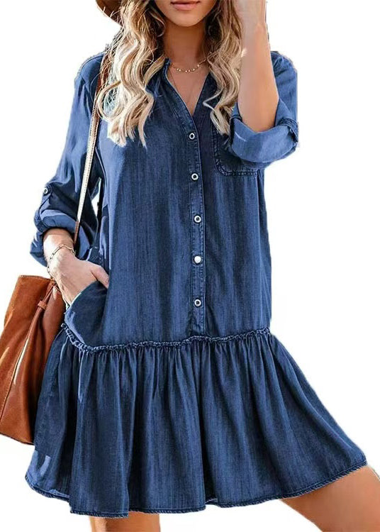 Dam Klänning Volang Ståkrage Denimstil 4