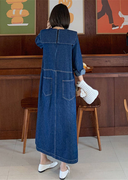 Dam Klänning i Denim med Peter Pan Krage och Långa Ärmar 4
