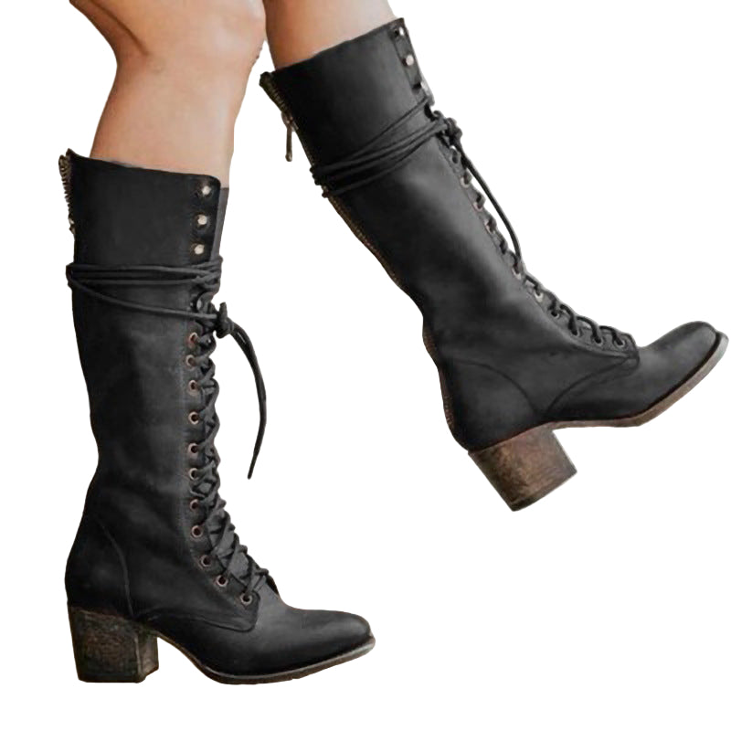 Dam Knähöga Stövlar Chunky Klackar med Snörning och Dragkedja 0