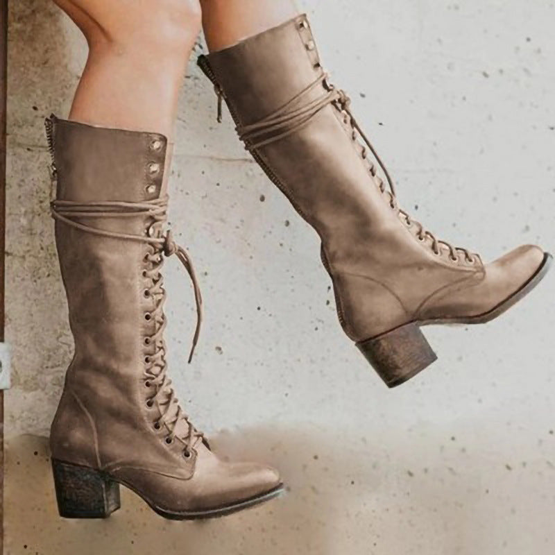Dam Knähöga Stövlar Chunky Klackar med Snörning och Dragkedja 3
