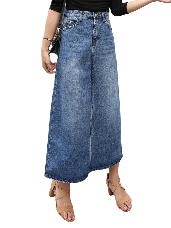 Dam Lång Jeanskjol med Hög Midja och Fickor 0