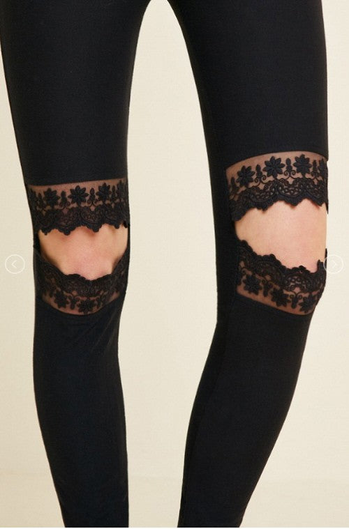 Dam Leggings med Spetsutskärningar i Borstad Design 3