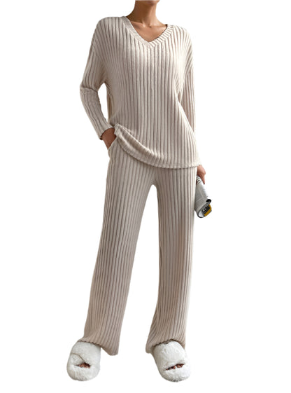 Dam Lounge Set Ribbad Stickad Mjuk Material 0