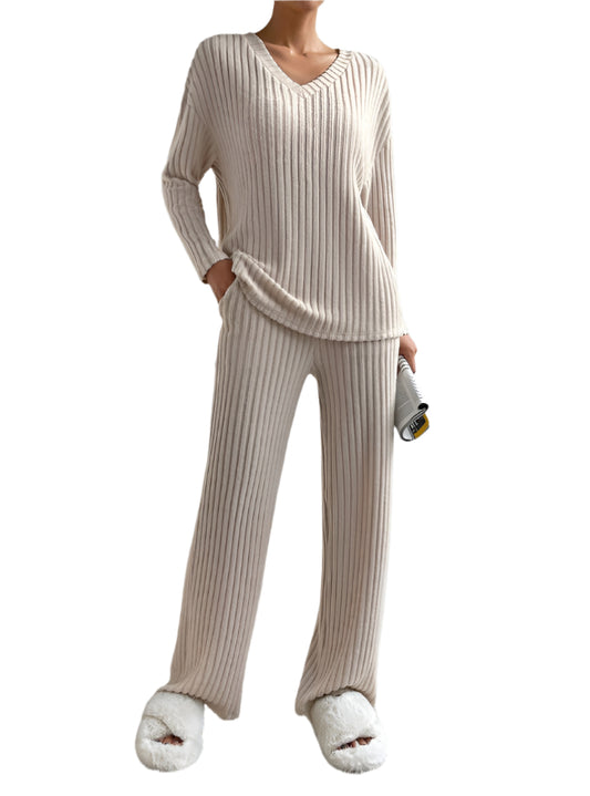 Dam Lounge Set Ribbad Stickad Mjuk Material 0