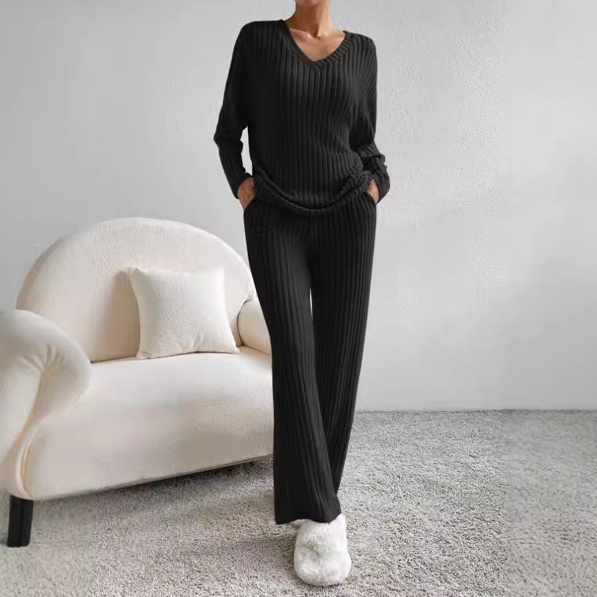 Dam Lounge Set Ribbad Stickad Mjuk Material 3