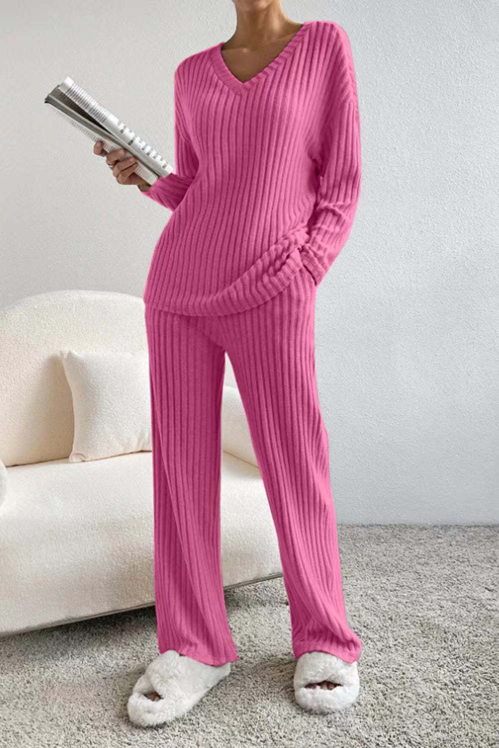Dam Lounge Set Ribbad Stickad Mjuk Material 4