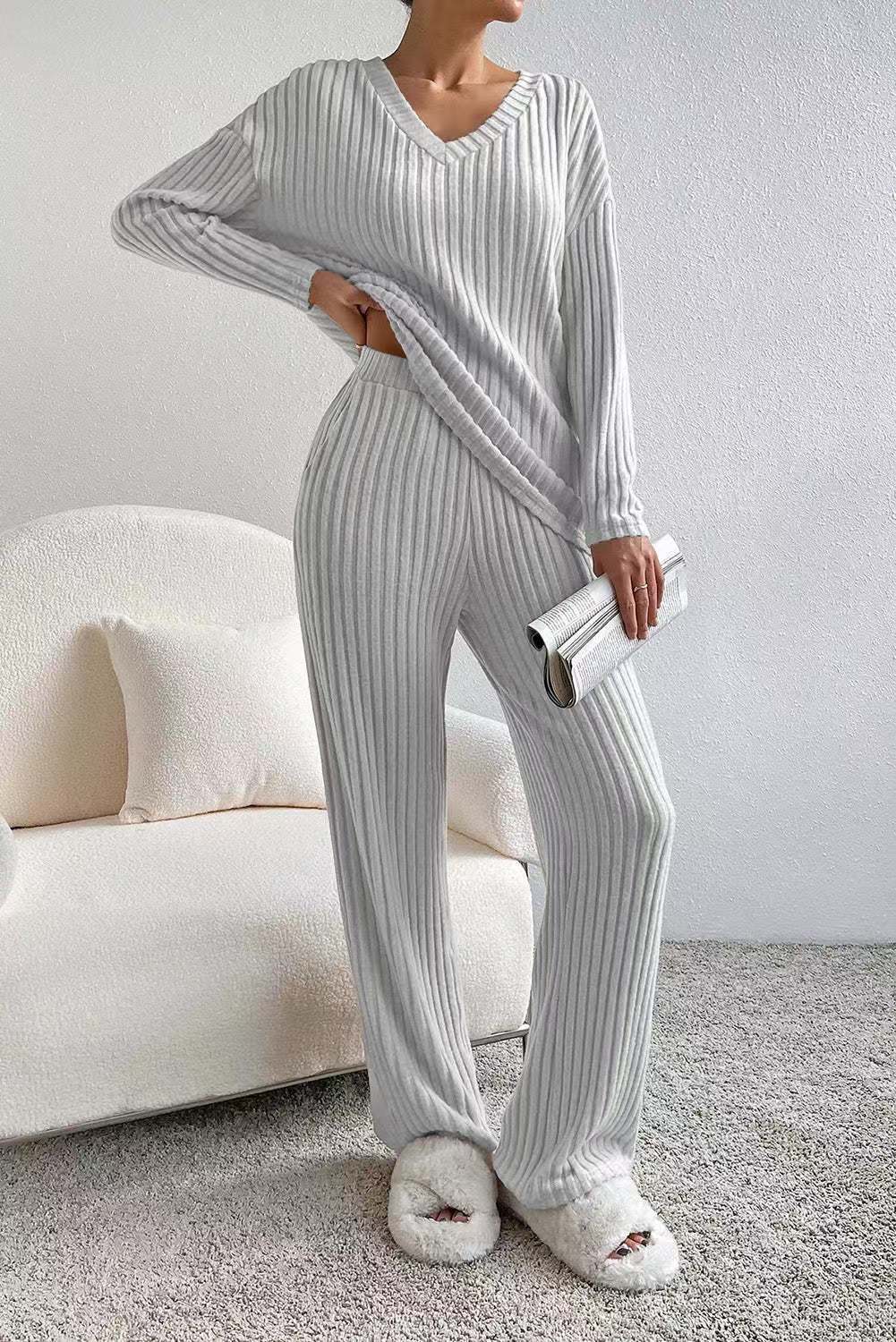Dam Lounge Set Ribbad Stickad Mjuk Material 6