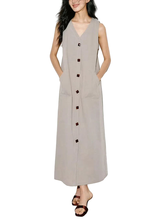 Dam Maxiklänning Ärmlös V-hals med Fickor 0