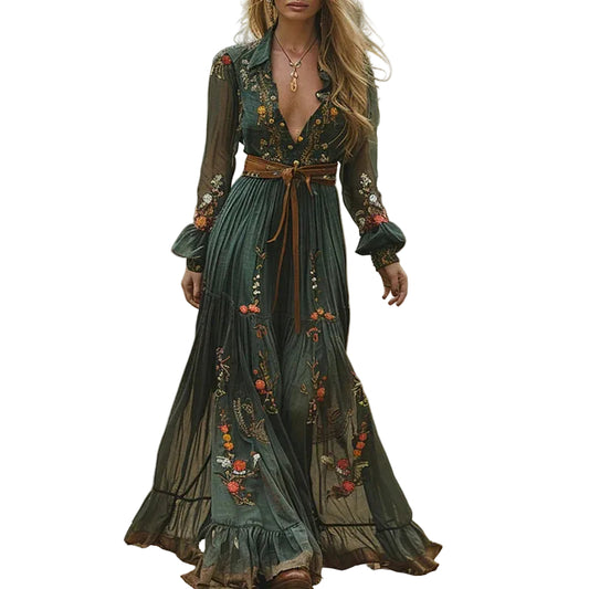 Dam Maxiklänning Bohemian Blommönster Med Skjortkrage 0