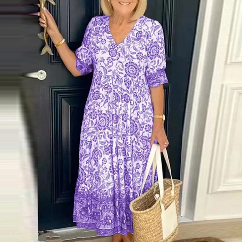 Dam Maxiklänning V-Ausschnitt Bohemisk Blommönster Lätta Tyger 2