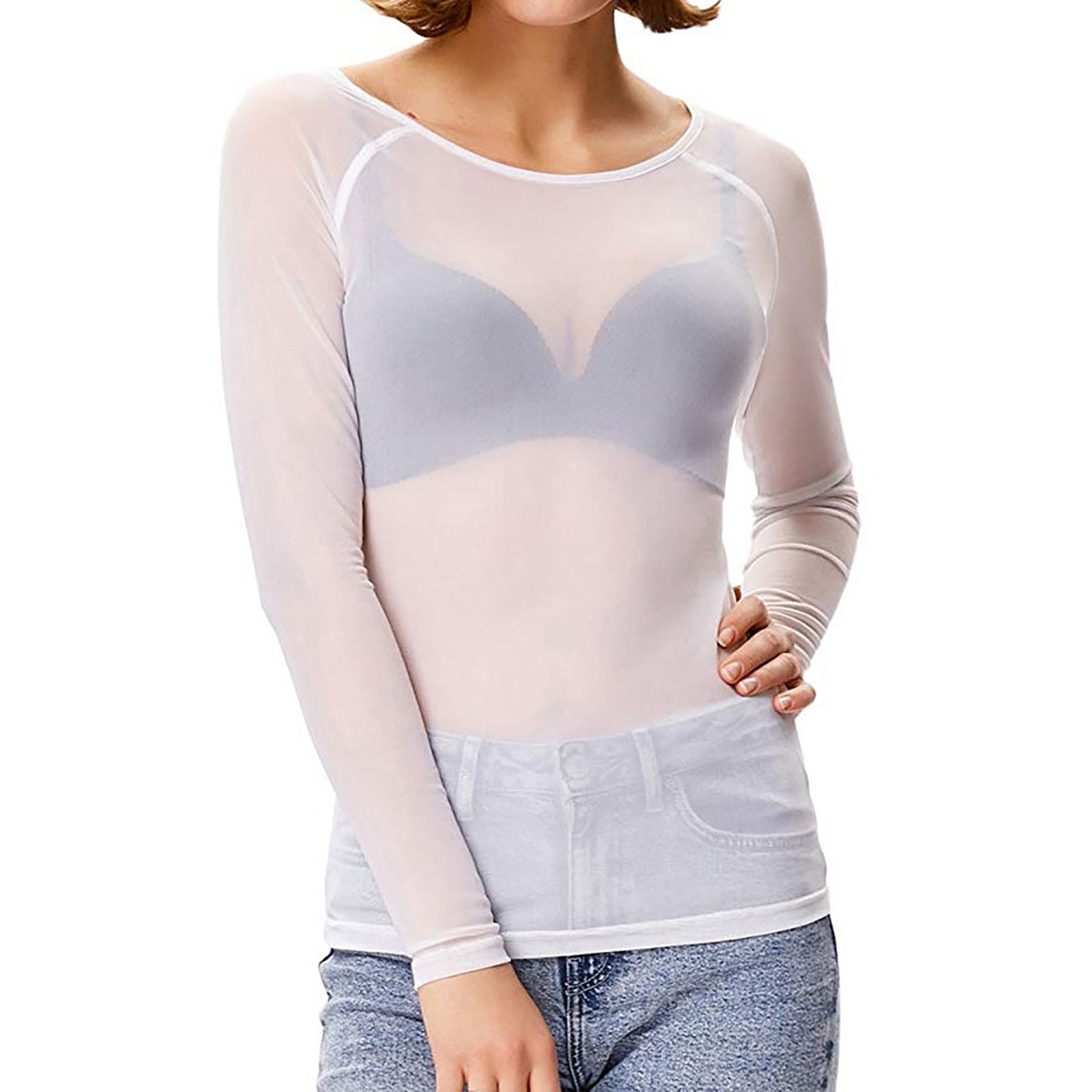 Dam Mesh Top med Långa Ärmar och Genomskinlig Design 3