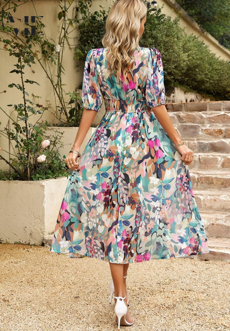 Dam Midiklänning Med Puffärmar Blommönster 2