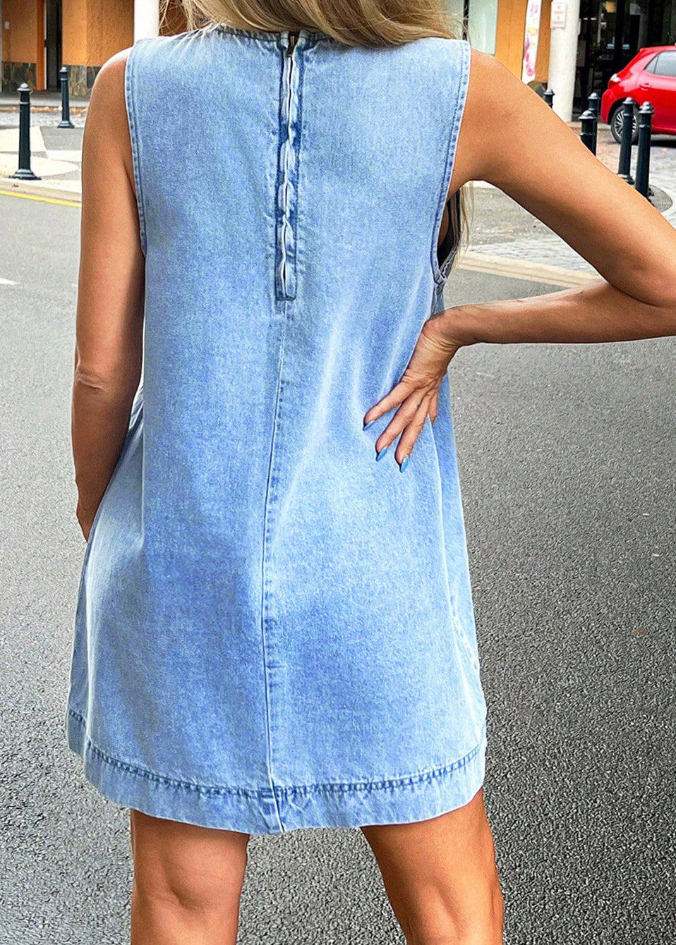 Dam Mini Klänning Denim Ärmlös O-Neck 4