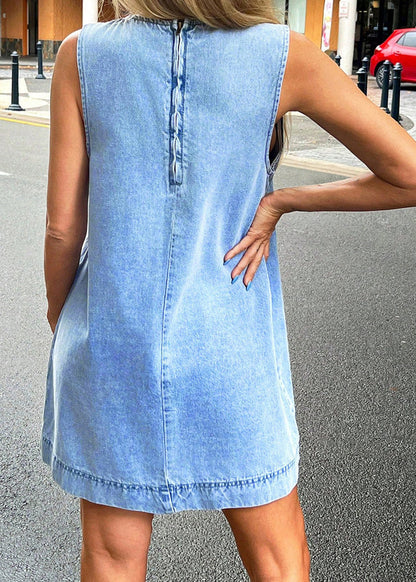 Dam Mini Klänning Denim Ärmlös O-Neck 4