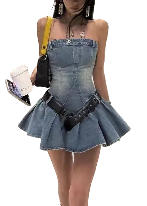Dam Miniklänning Axelbandslös Denim Sommarstil 0