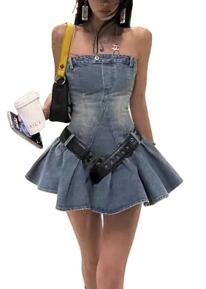 Dam Miniklänning Axelbandslös Denim Sommarstil 0