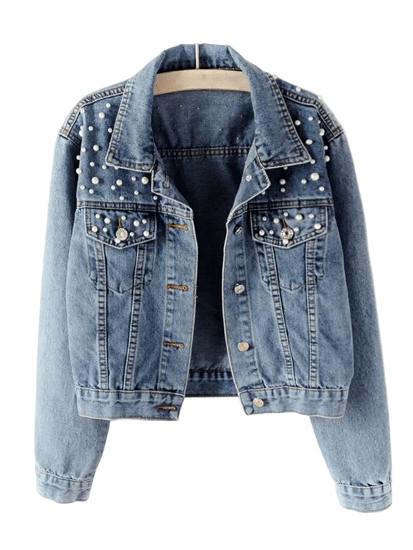 Dam Oversized Jeansjacka med Strass och Pärlkanter 0
