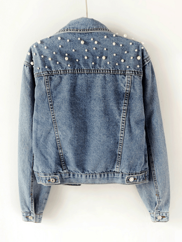 Dam Oversized Jeansjacka med Strass och Pärlkanter 1