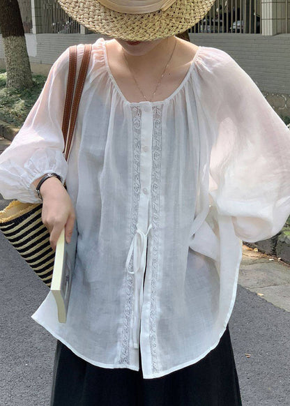Dam Oversized Linneskjorta med Snörning Vit 3