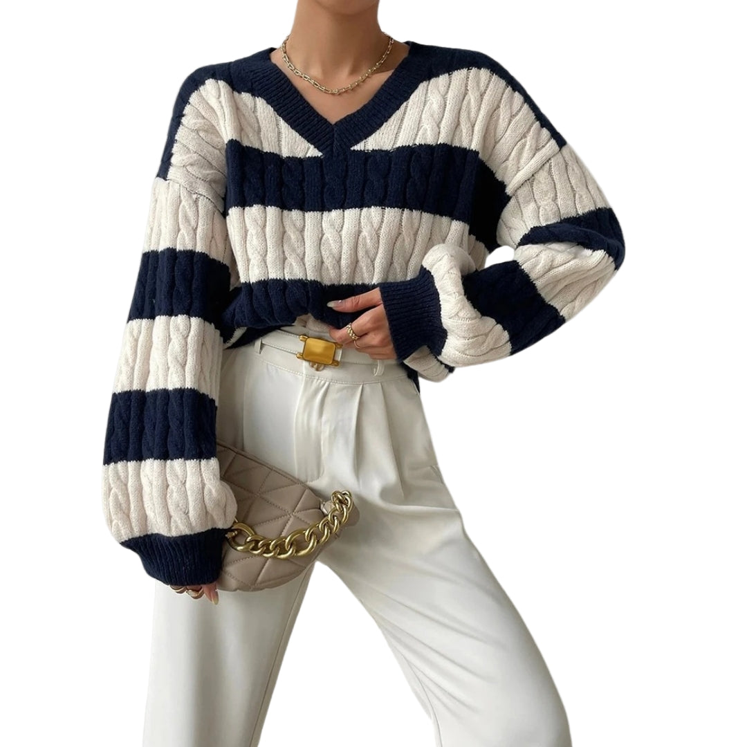 Dam Oversized V-ringad Jumper med Randiga Detaljer 2