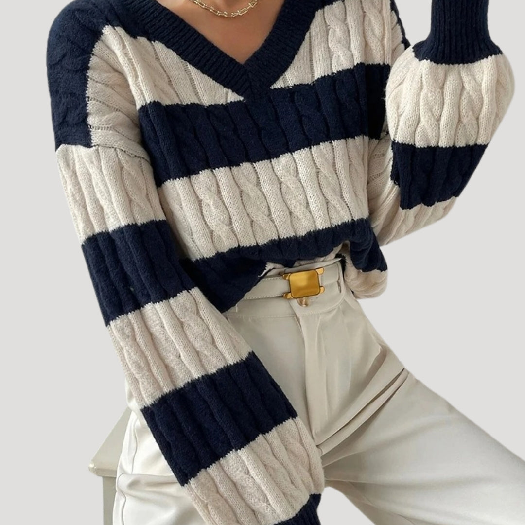 Dam Oversized V-ringad Jumper med Randiga Detaljer 4