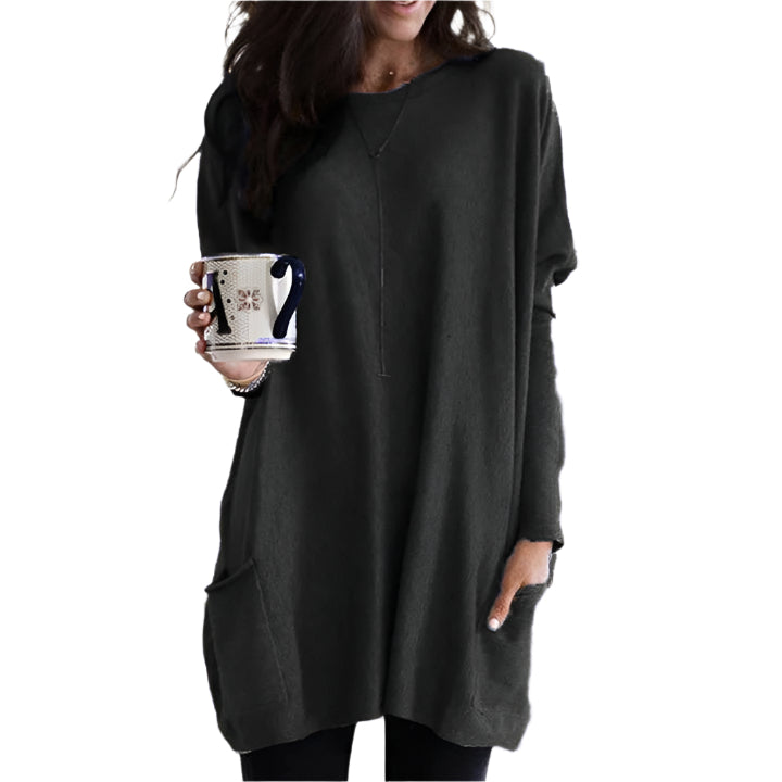Dam Pullover Lång Ärmar Med Fickor Mjuk Material 0