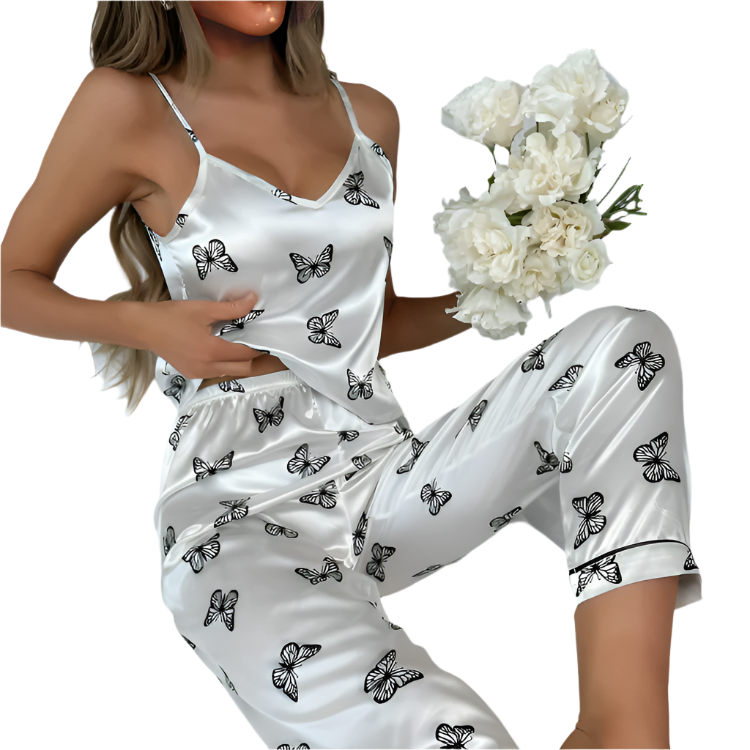 Dam Pyjamas Set Fjärilstryck Satin Mjuk Komfort 0