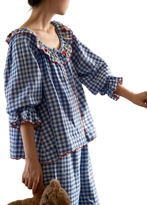 Dam Pyjamas Set Långärmad Rutiga Pyjamasbyxor Vintage Stil 0