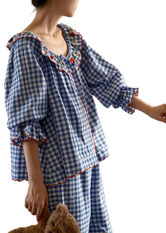 Dam Pyjamas Set Långärmad Rutiga Pyjamasbyxor Vintage Stil 0