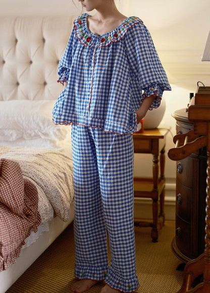 Dam Pyjamas Set Långärmad Rutiga Pyjamasbyxor Vintage Stil 1