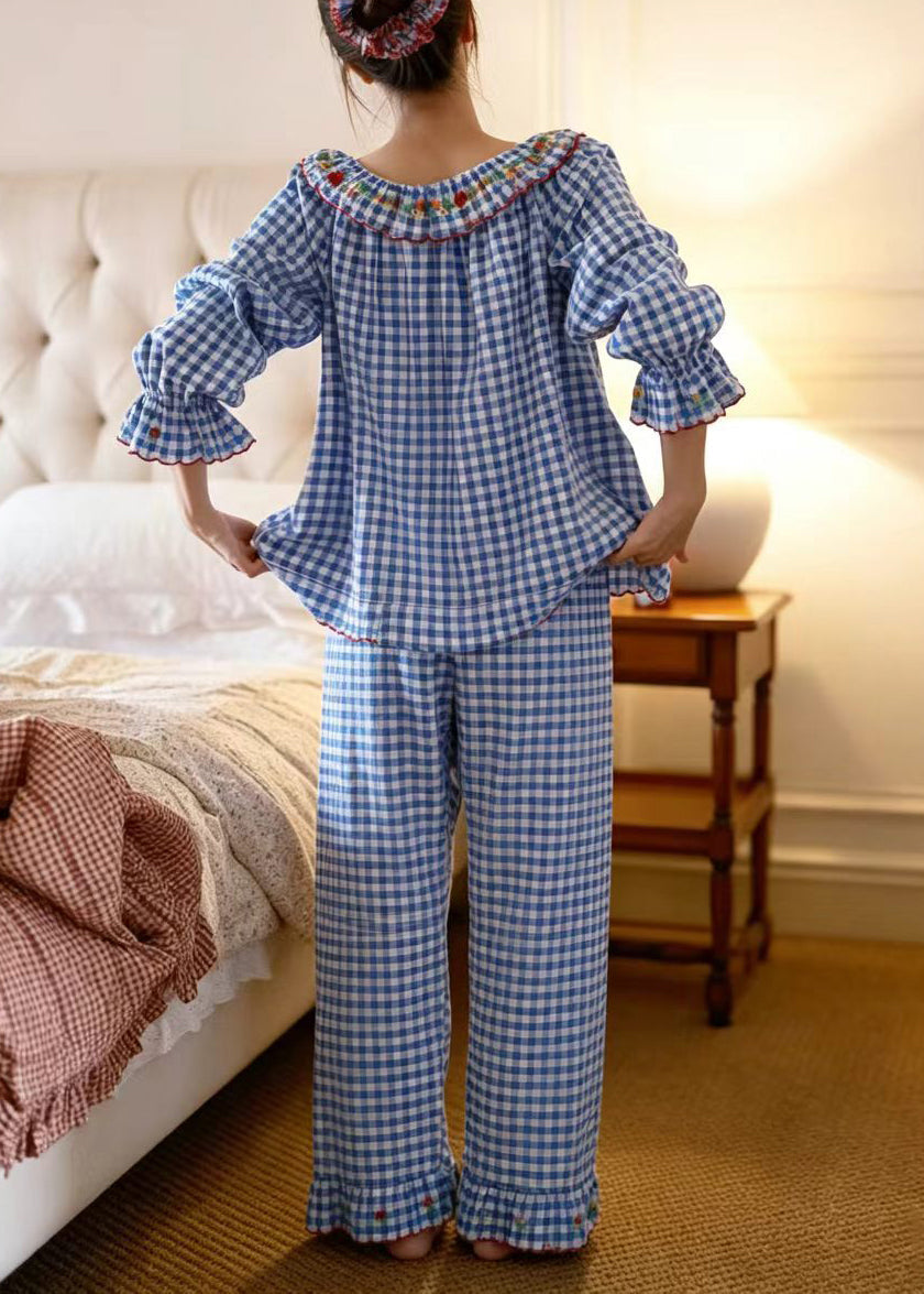 Dam Pyjamas Set Långärmad Rutiga Pyjamasbyxor Vintage Stil 2