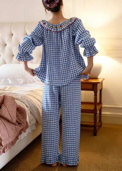 Dam Pyjamas Set Långärmad Rutiga Pyjamasbyxor Vintage Stil 2