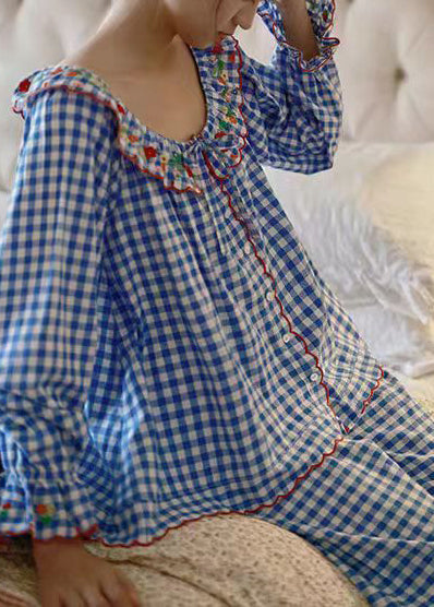 Dam Pyjamas Set Långärmad Rutiga Pyjamasbyxor Vintage Stil 3