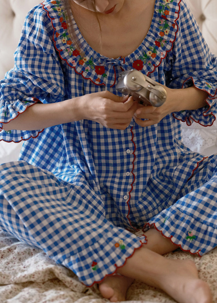 Dam Pyjamas Set Långärmad Rutiga Pyjamasbyxor Vintage Stil 4