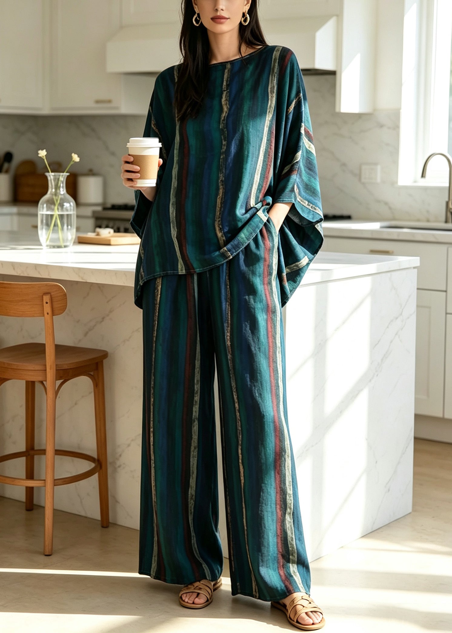 Dam Pyjamas Set Lös Passform med Batwingärmar 1