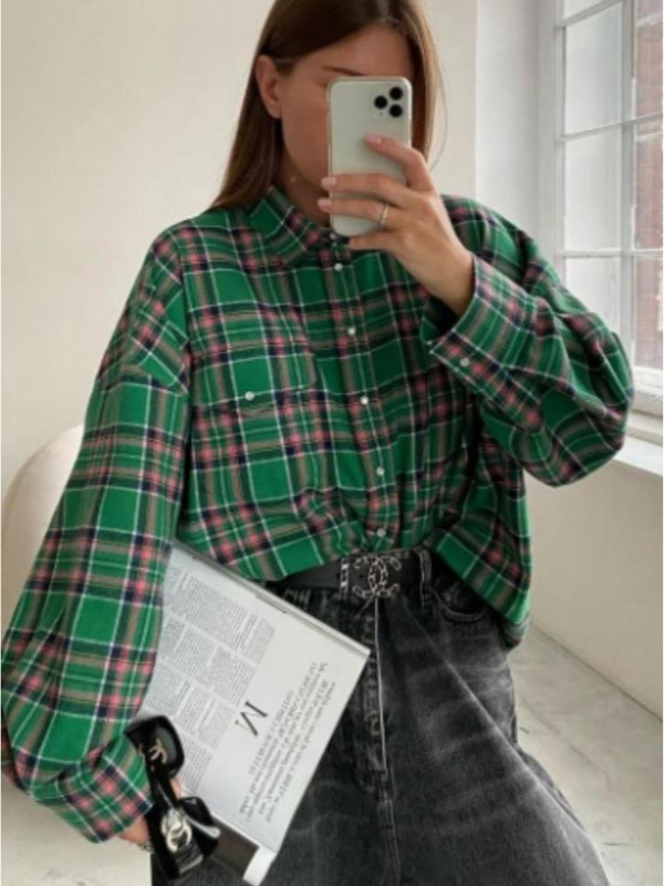 Dam Skjorta Oversized Rutig Bomull 5