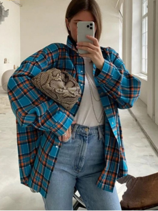 Dam Skjorta Oversized Rutig Bomull 6