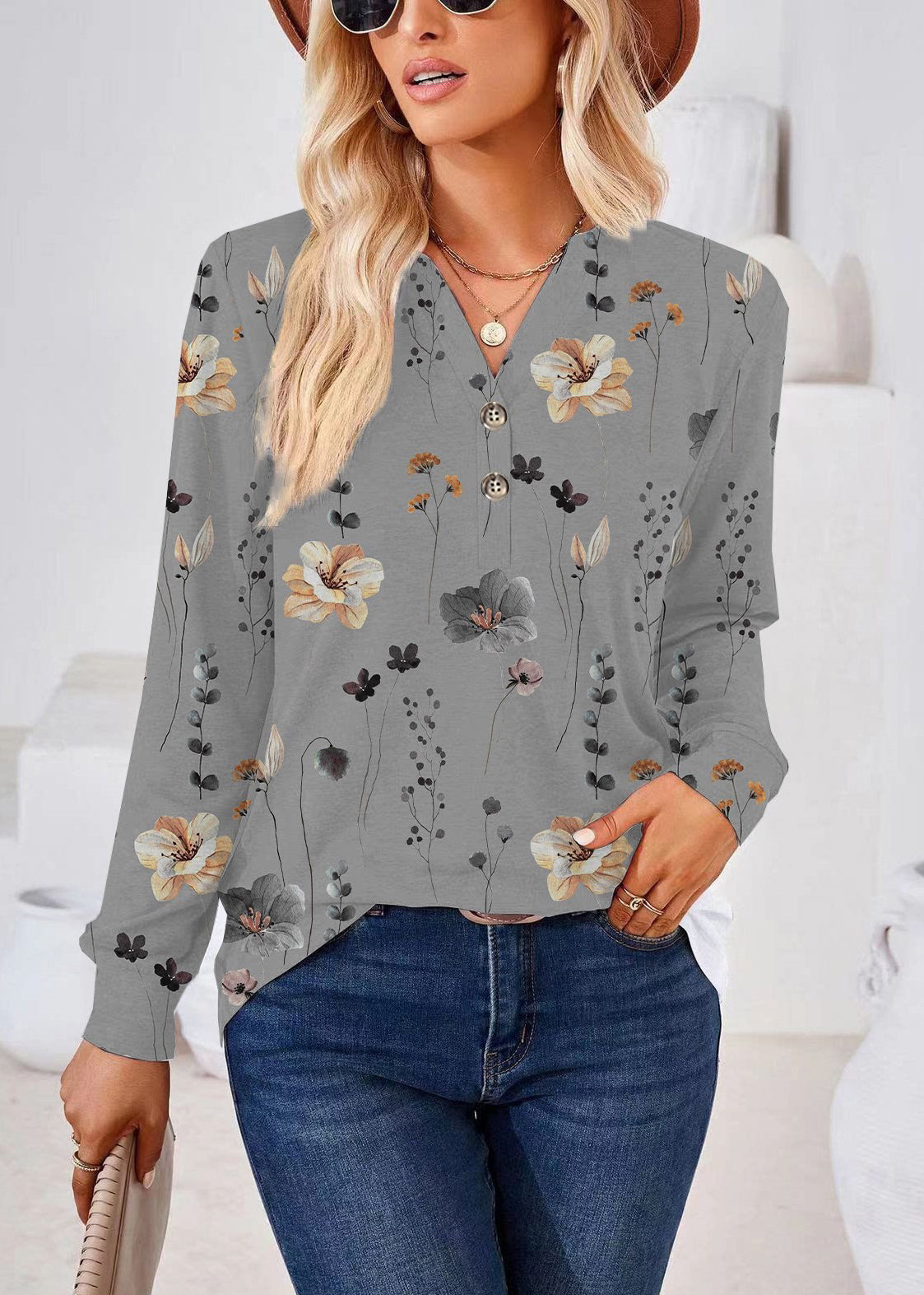 Dam Skjorta V-ringad Långärmad Plus Size 2