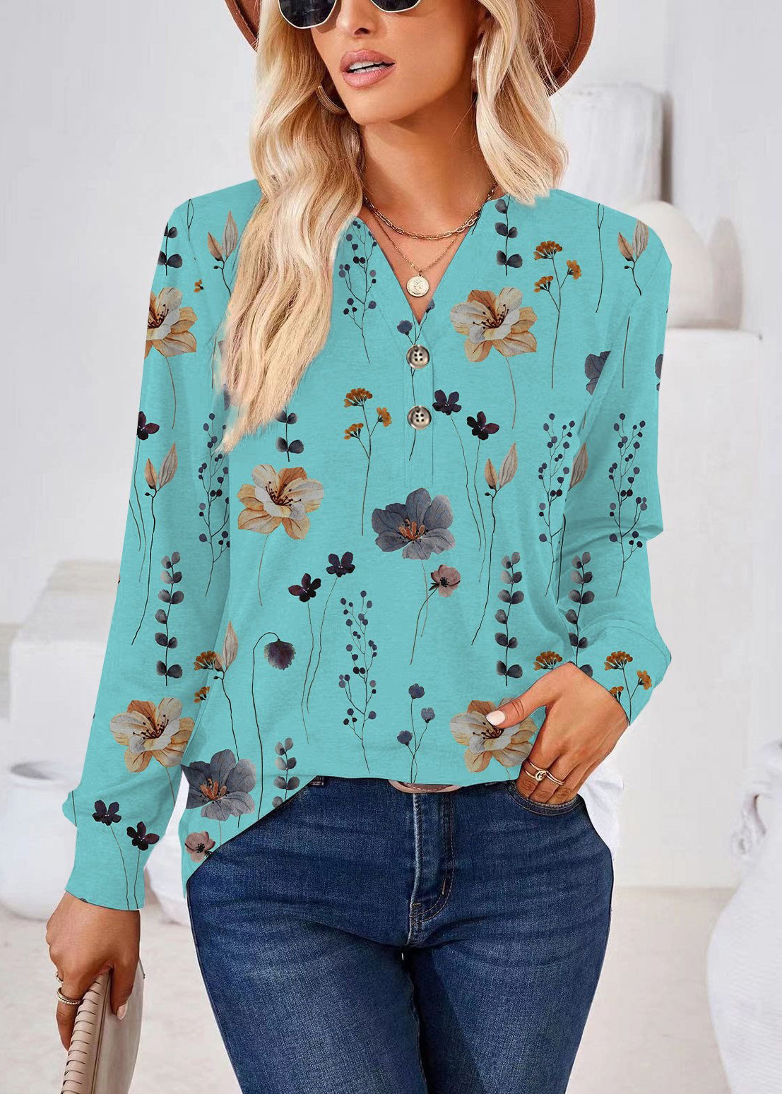 Dam Skjorta V-ringad Långärmad Plus Size 3